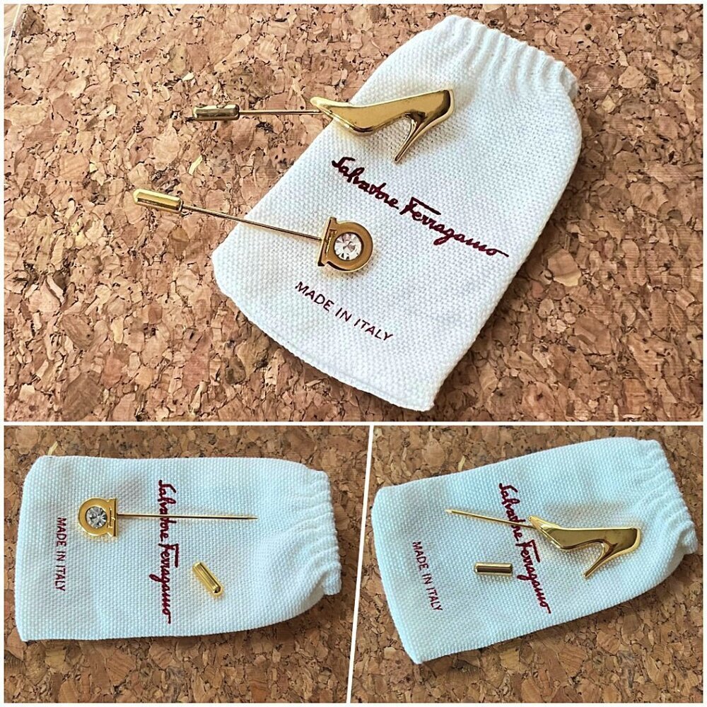 Ferragamo 2 Gancini Gold Tone Crystal Lapel Brooch Hat Scarf Stick Pin NWOT